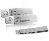 Stainless steel badge 2 x clip;  blacklaser-technic